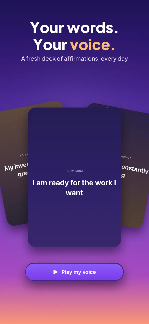 Daily affirmation cards in Manifestive, played in your own voice